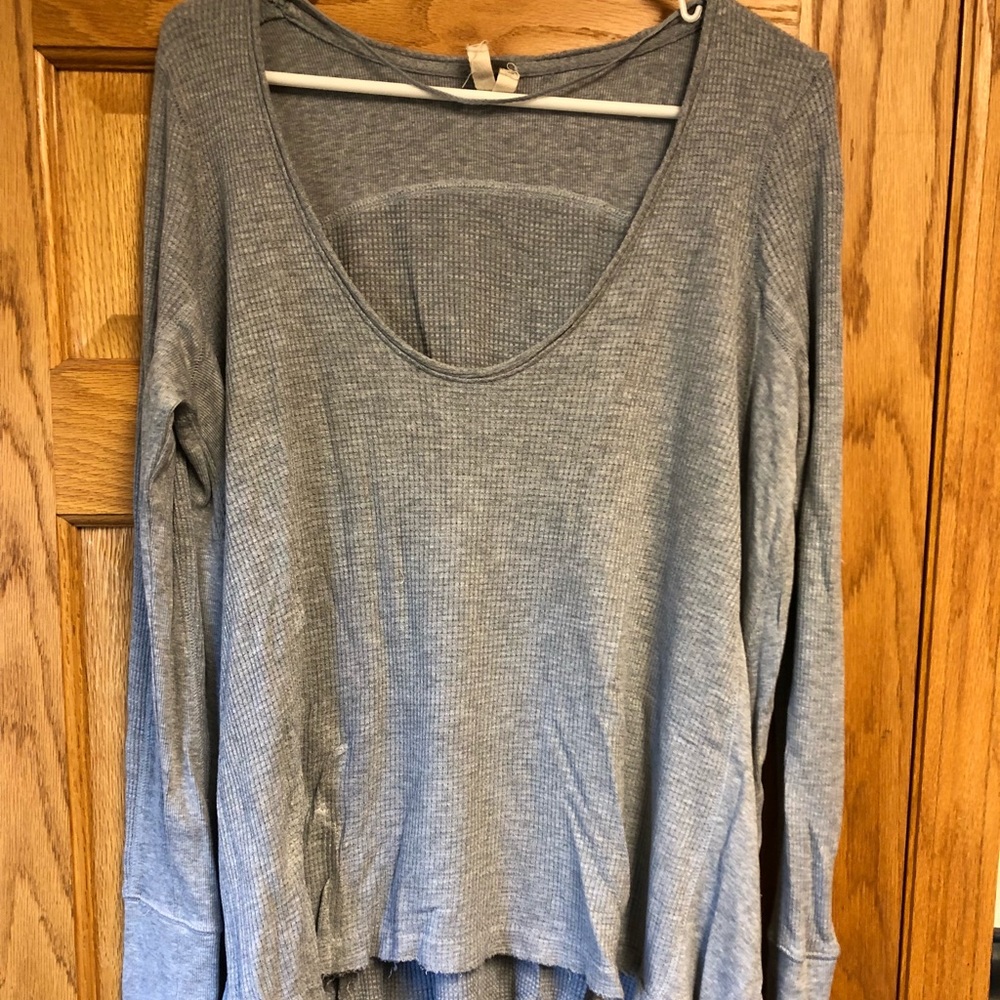 Free People Heather Gray Ribbed Scoop Neck Long Sleeve Top